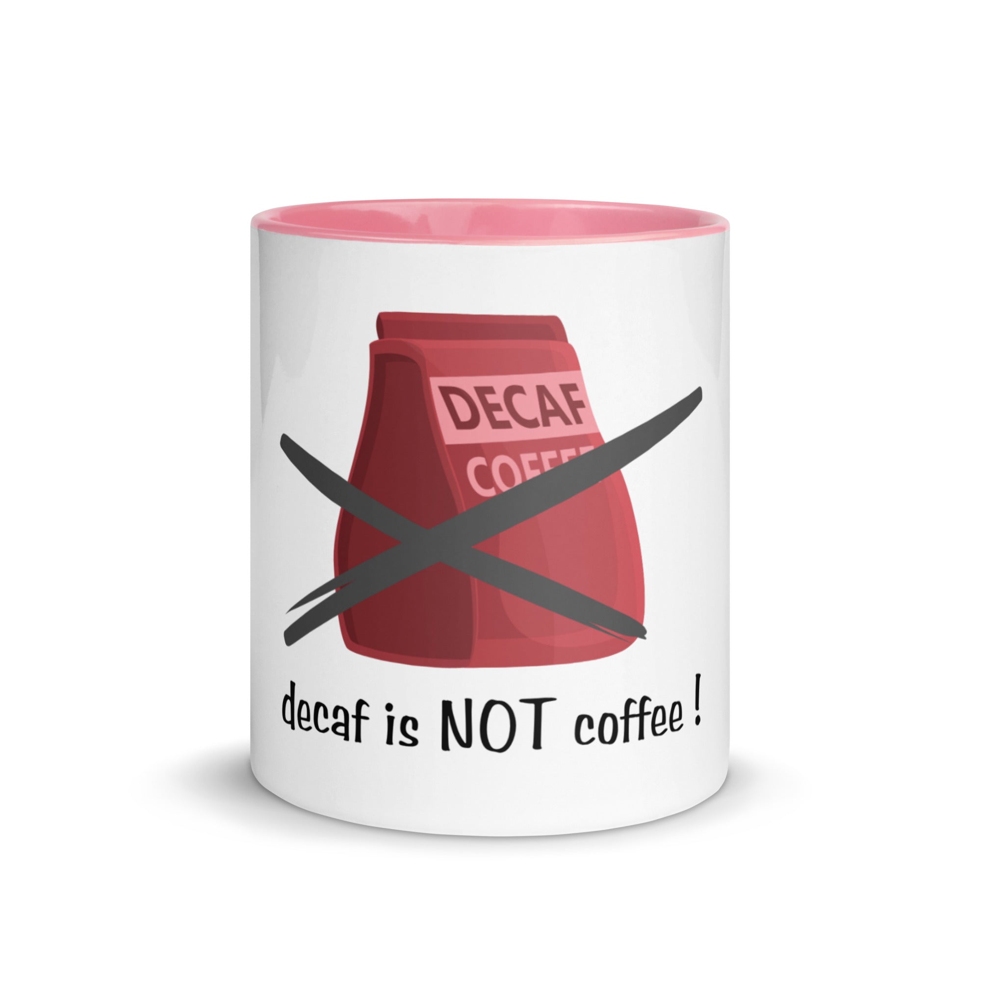 Mug with a decaf coffee bag graphic and text on a white background