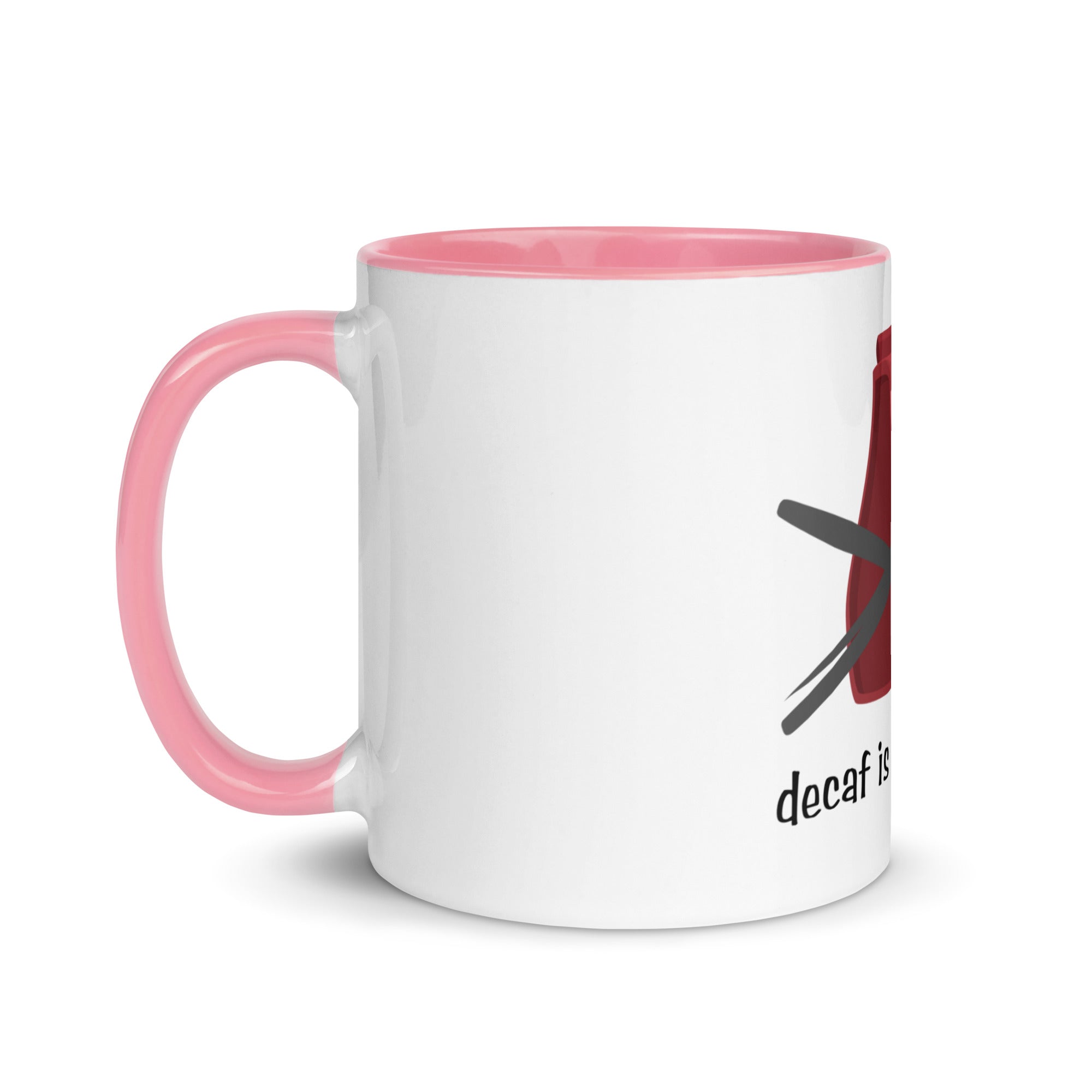 White mug with pink handle and trim, featuring a black and red design on a white background