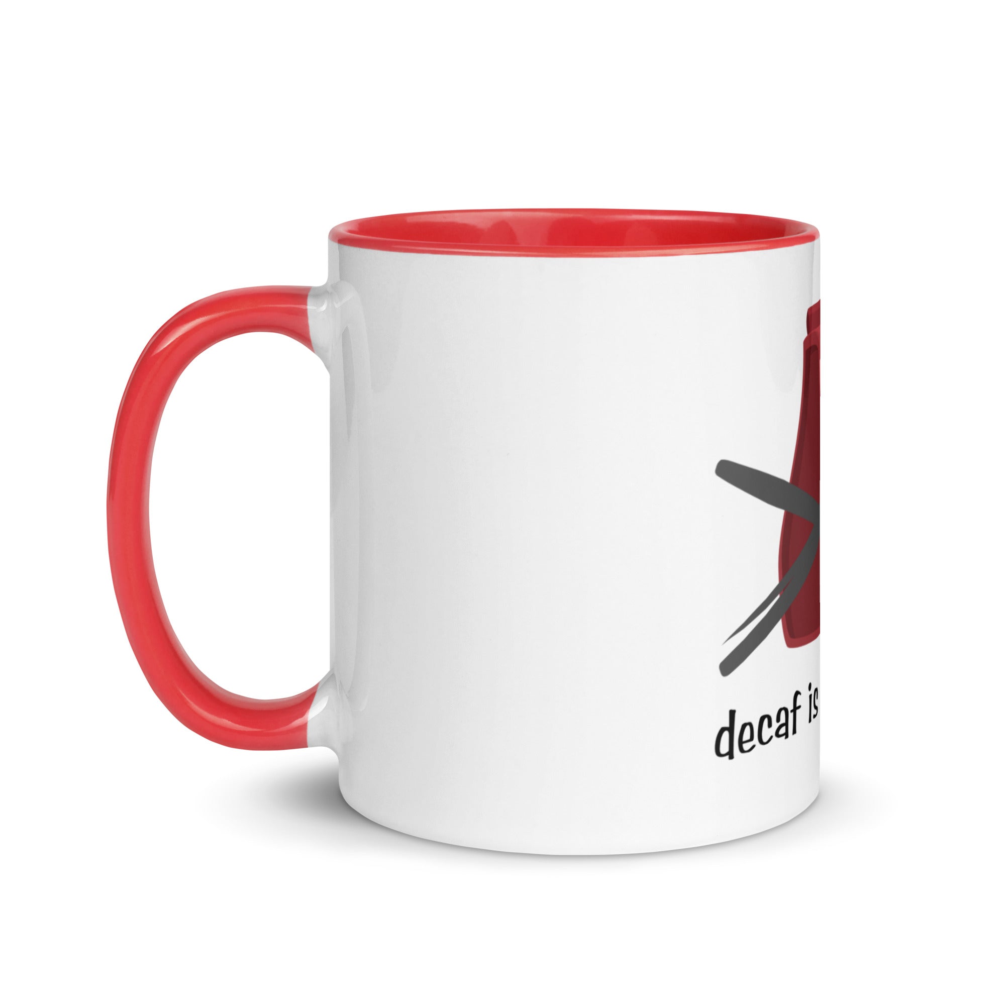 White mug with red handle and interior, featuring a black logo and text on a white background