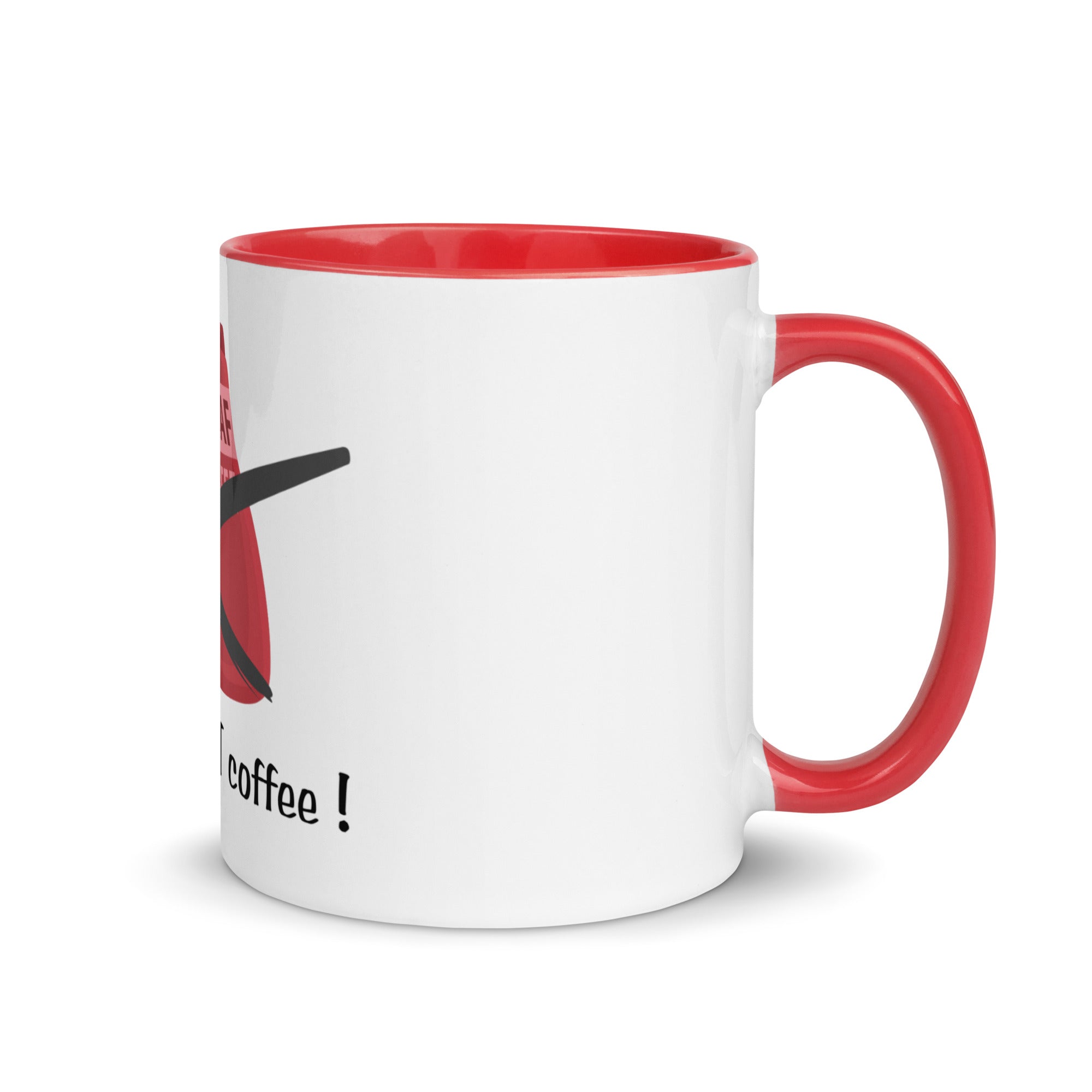 White mug with red handle and interior, featuring a design and text on a white background
