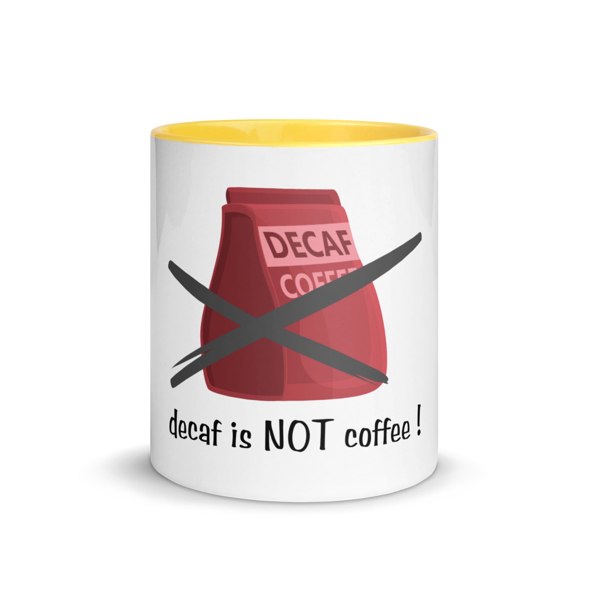 Mug with a decaf coffee bag graphic and text on a white background