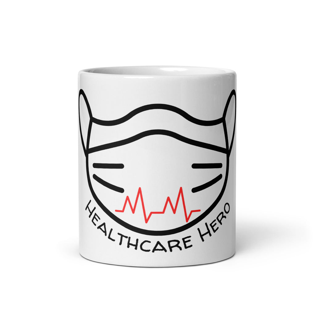 White mug with a black face mask design and 'Healthcare Hero' text on a white background