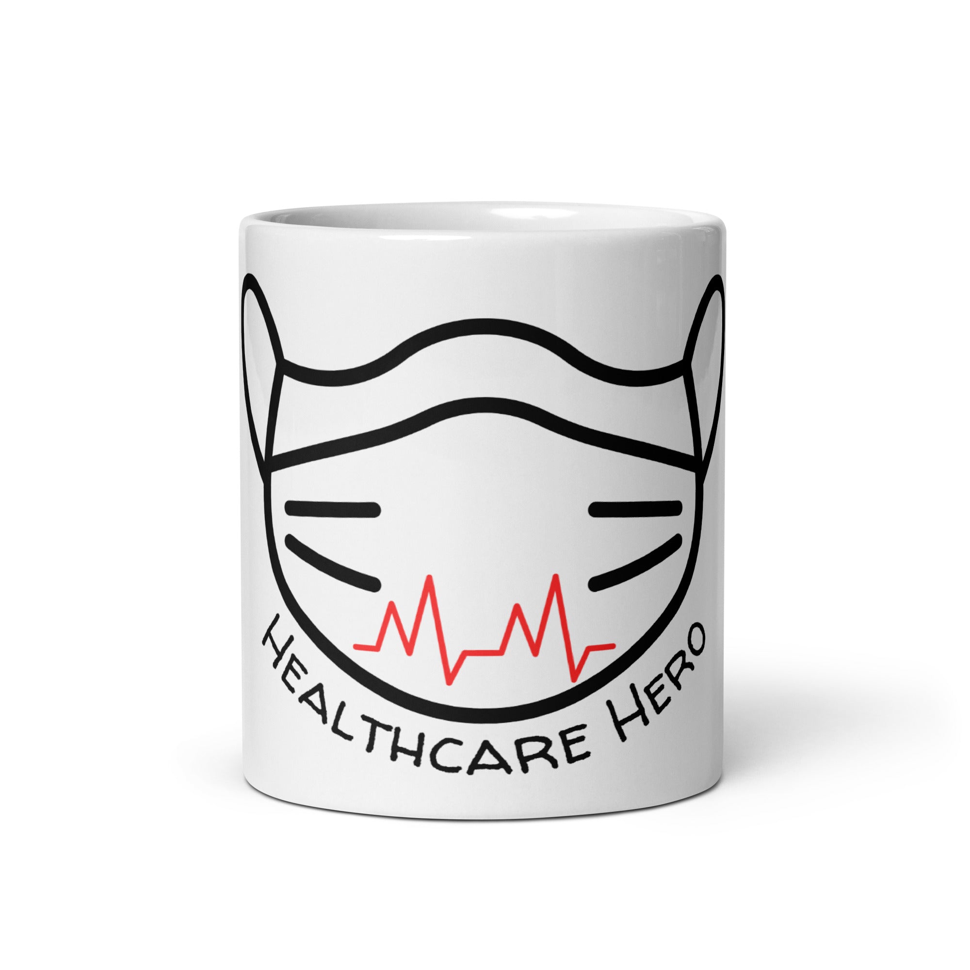 White mug with a black face mask design and 'Healthcare Hero' text on a white background