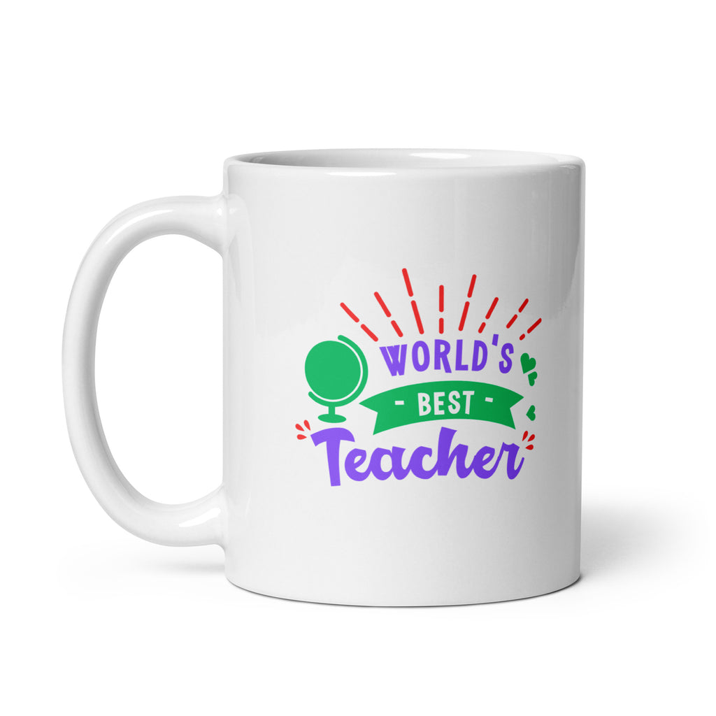 White mug with 'World's Best Teacher' text and graphics on a white background
