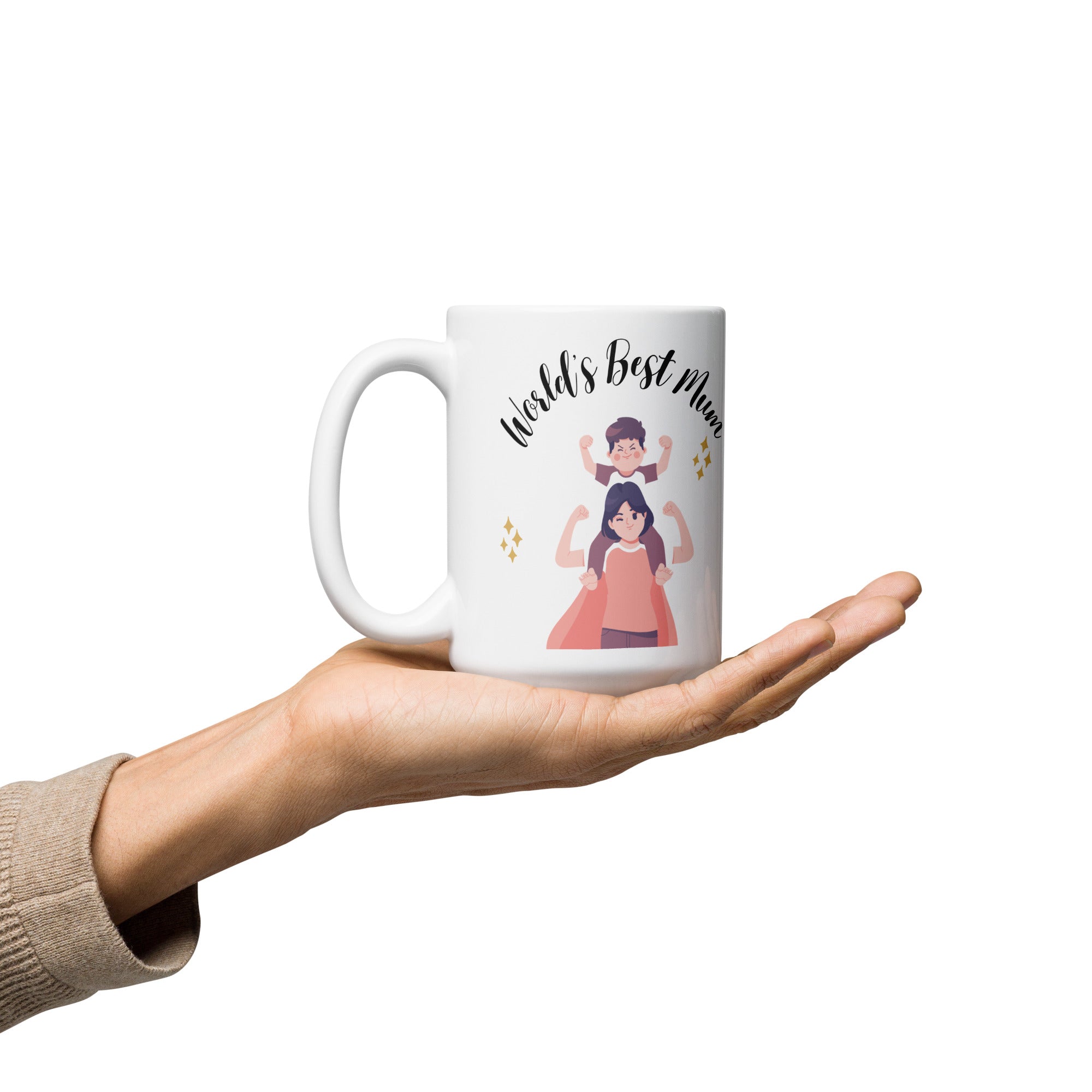 Mug with 'World's Best Mum' text and superhero design held in a hand on a white background