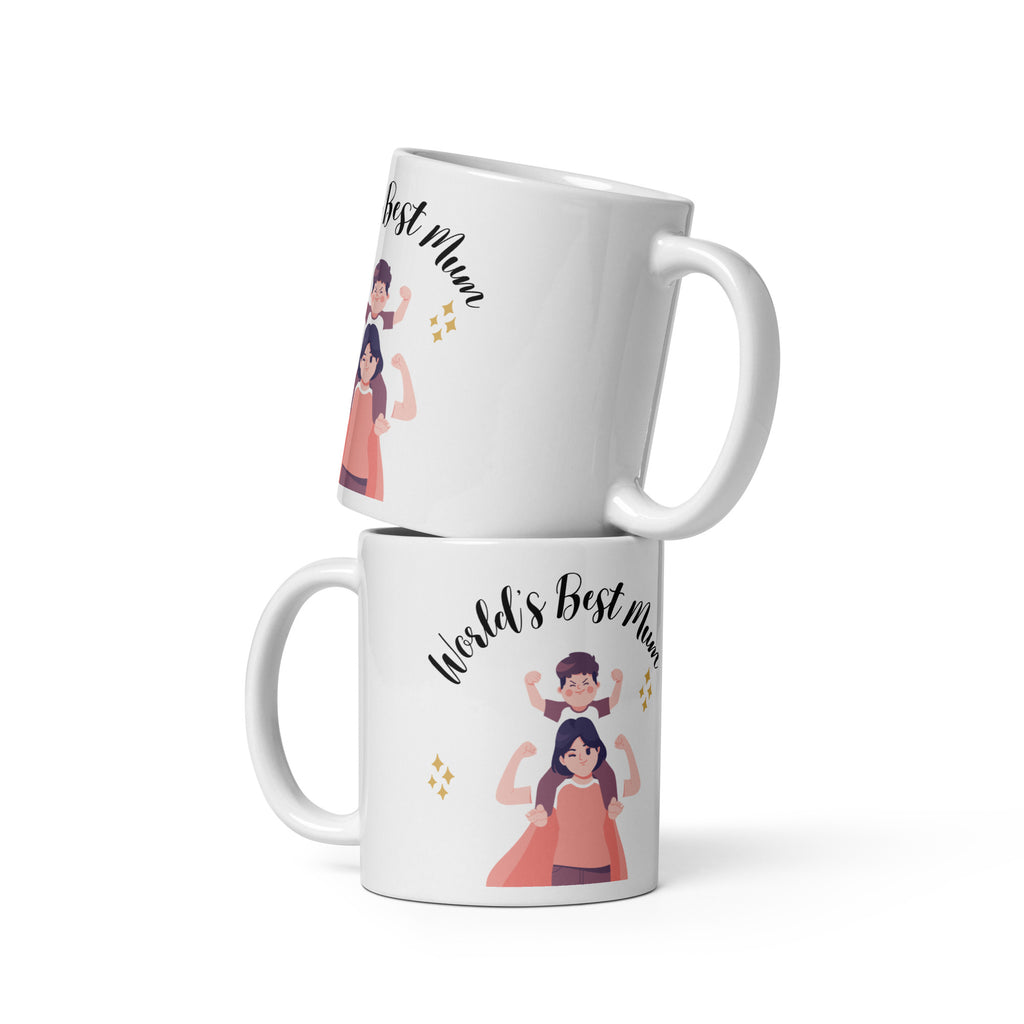 Two white mugs with illustrations of a woman and text on a white background