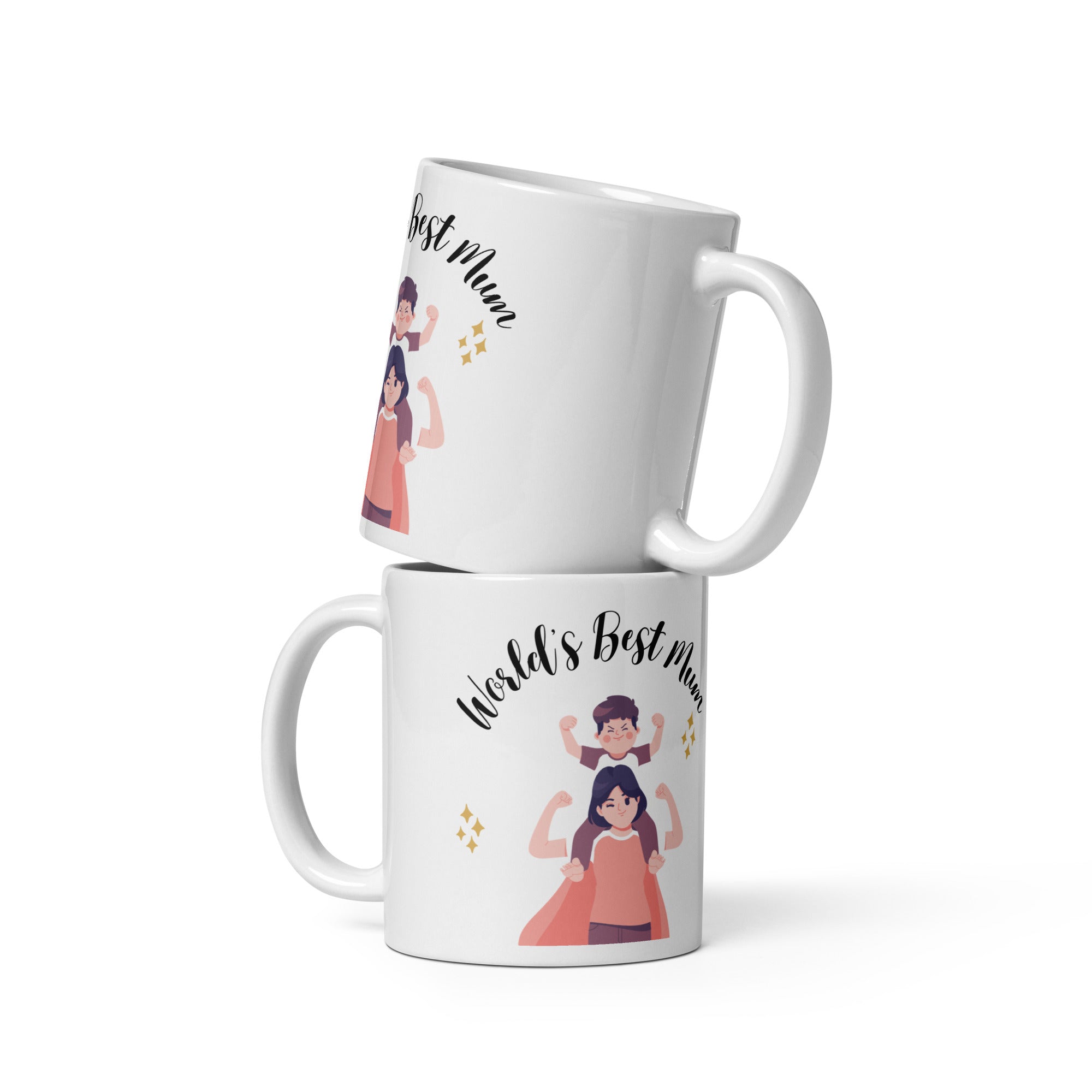Two white mugs with illustrations of a woman and text on a white background