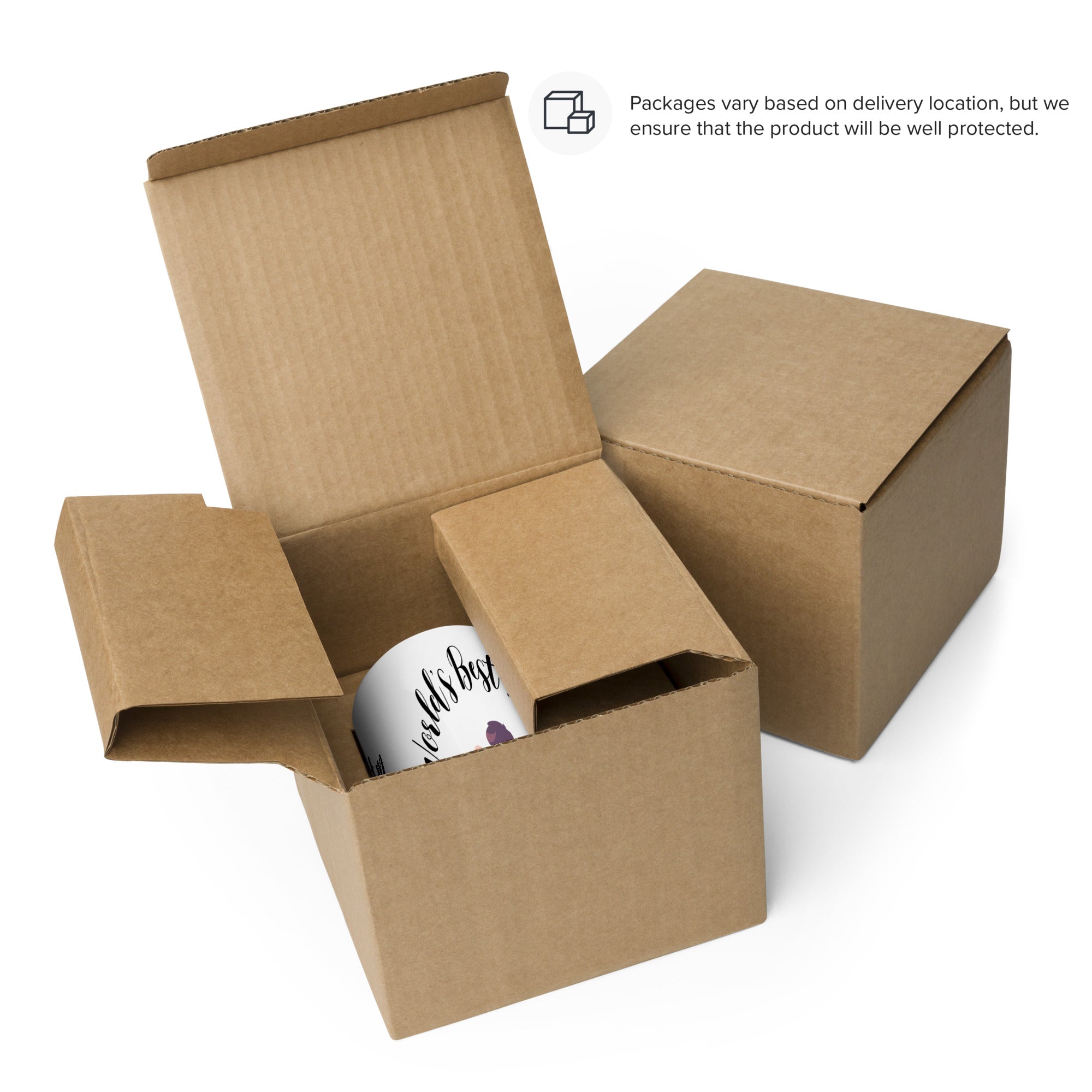 Open cardboard box with a smaller box inside, featuring a white sphere with 'Hu' branding.