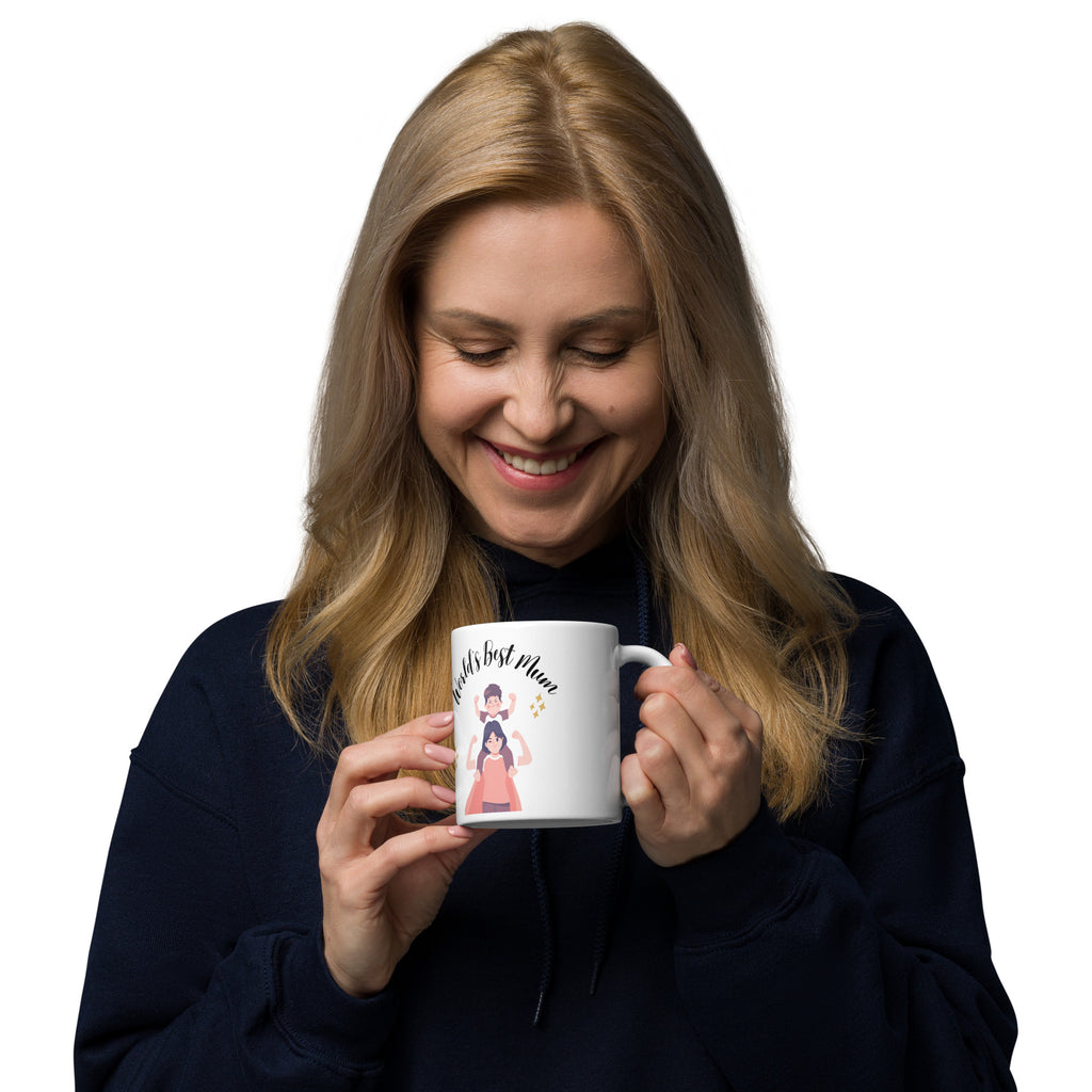 Woman holding a white mug with a design on a white background