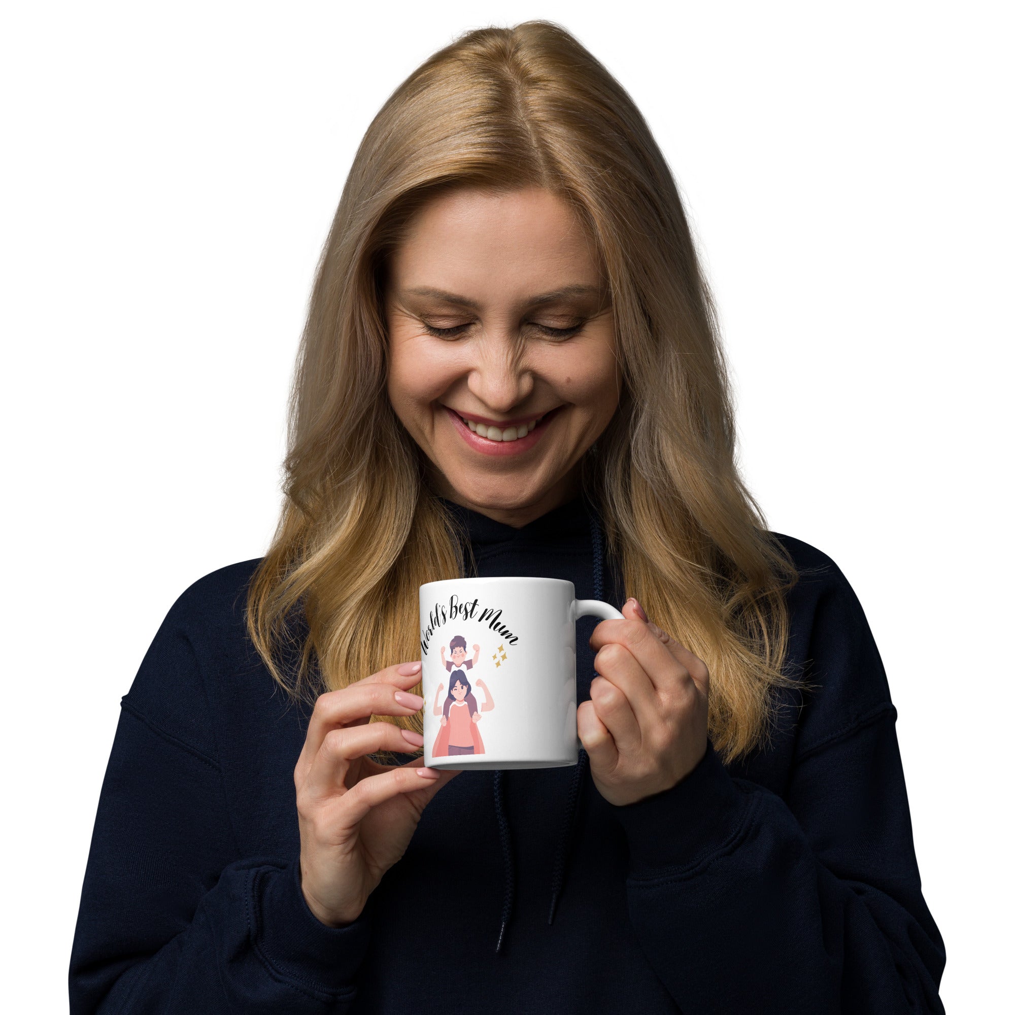 Woman holding a white mug with a design on a white background