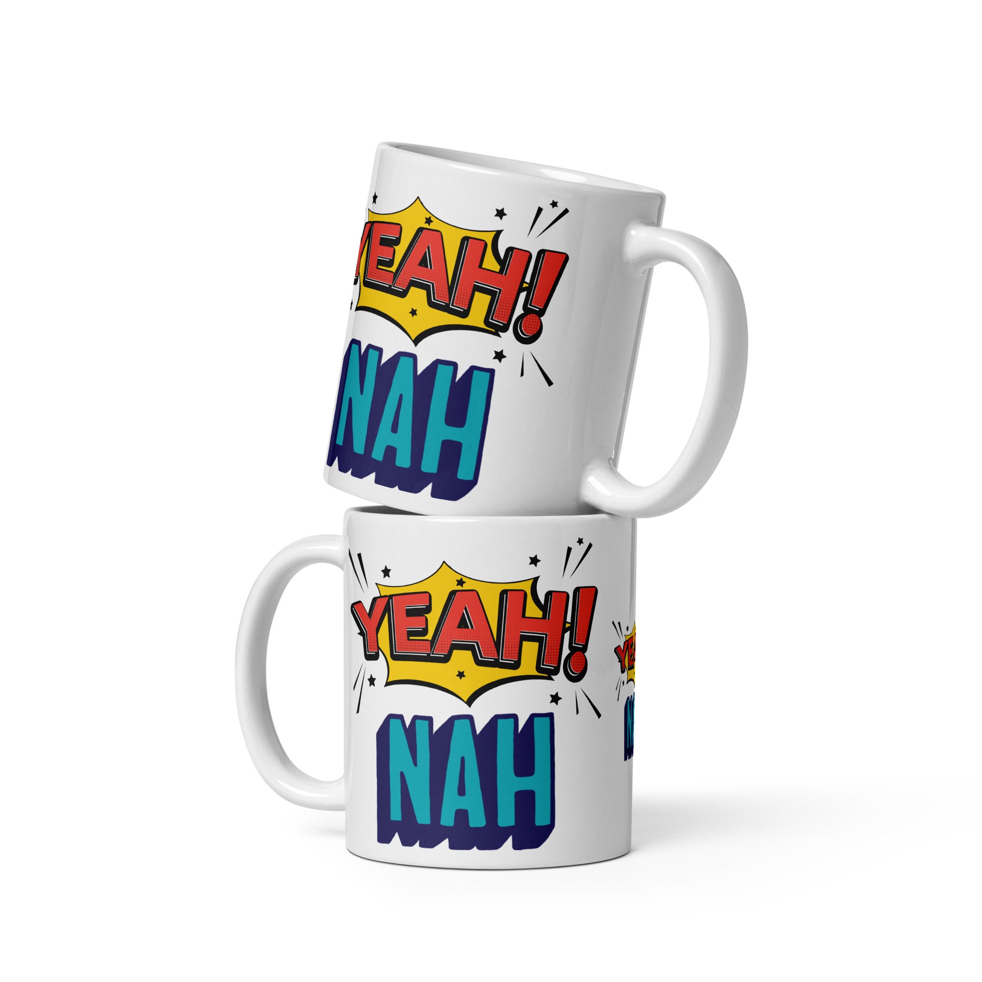 Two white mugs with colorful 'Yeah! Nah!' text design on a white background