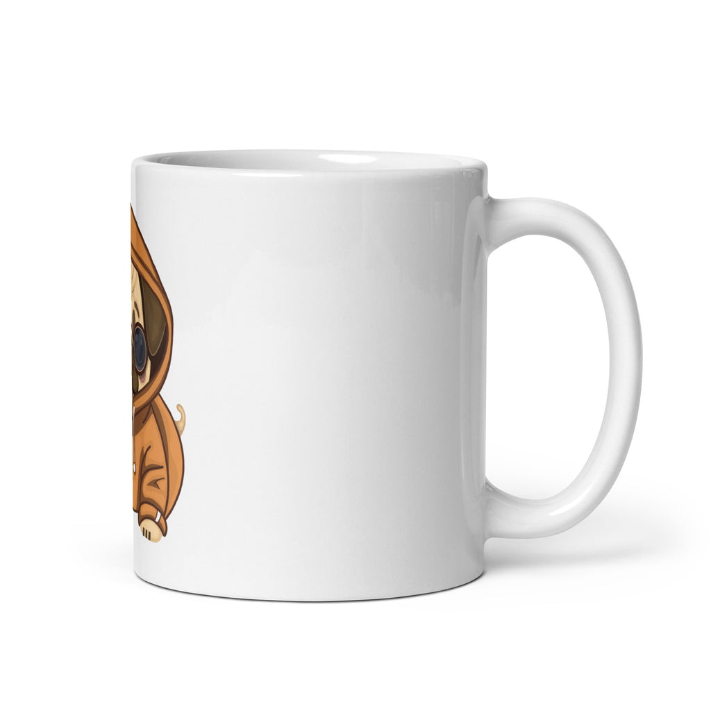 White mug with a cartoon character on a white background
