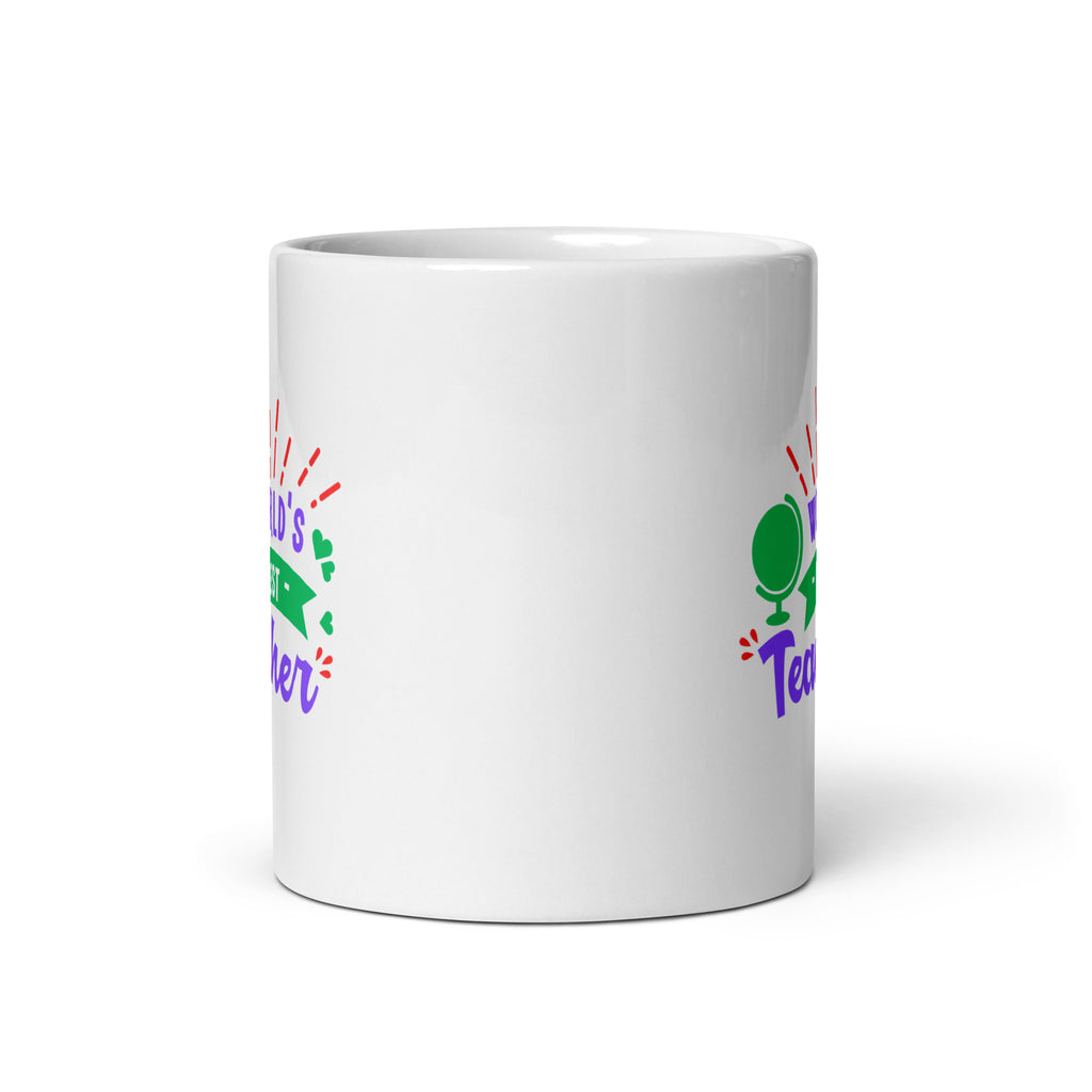 White mug with colorful text and graphics on a white background