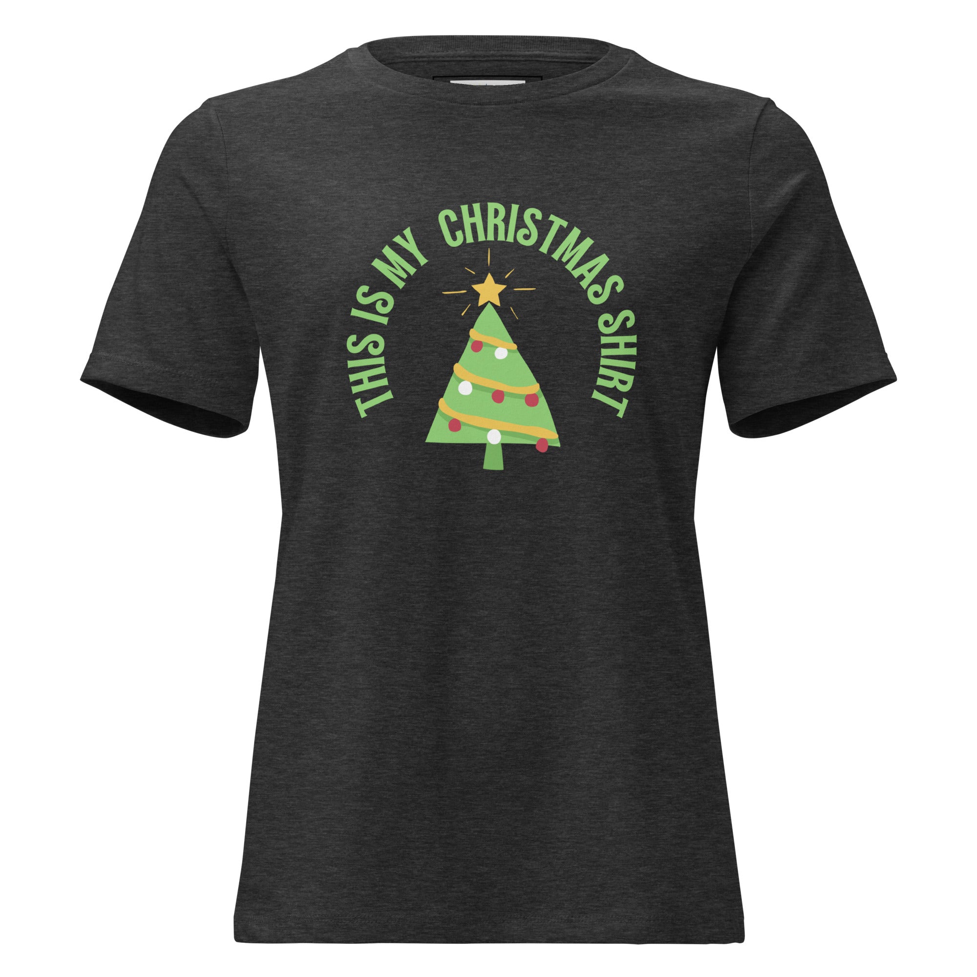 Black t-shirt with Christmas tree graphic and text on a white background