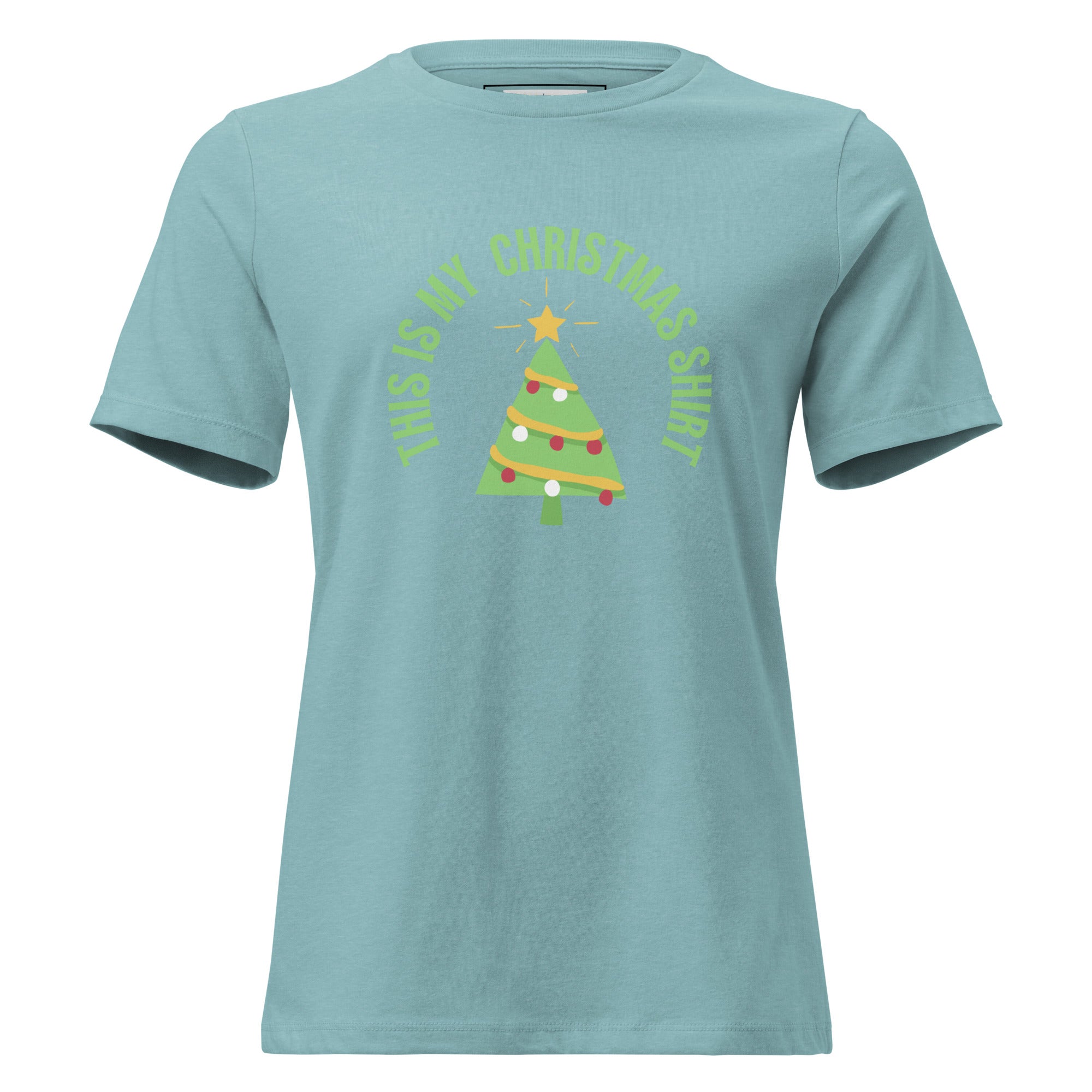 Light blue t-shirt with Christmas tree design and text on a white background