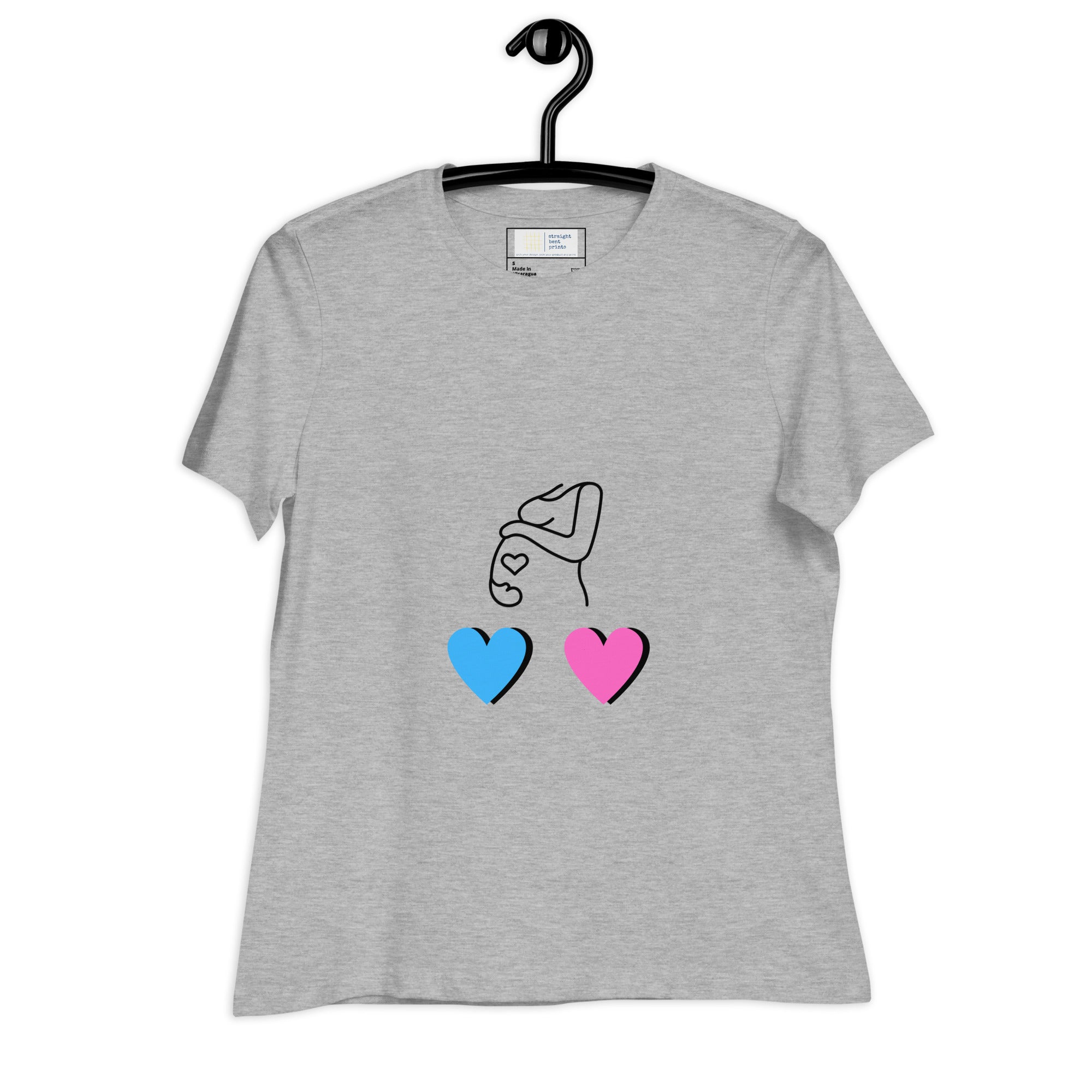 Gray t-shirt with a graphic of two hearts and a hand on a hanger against a white background