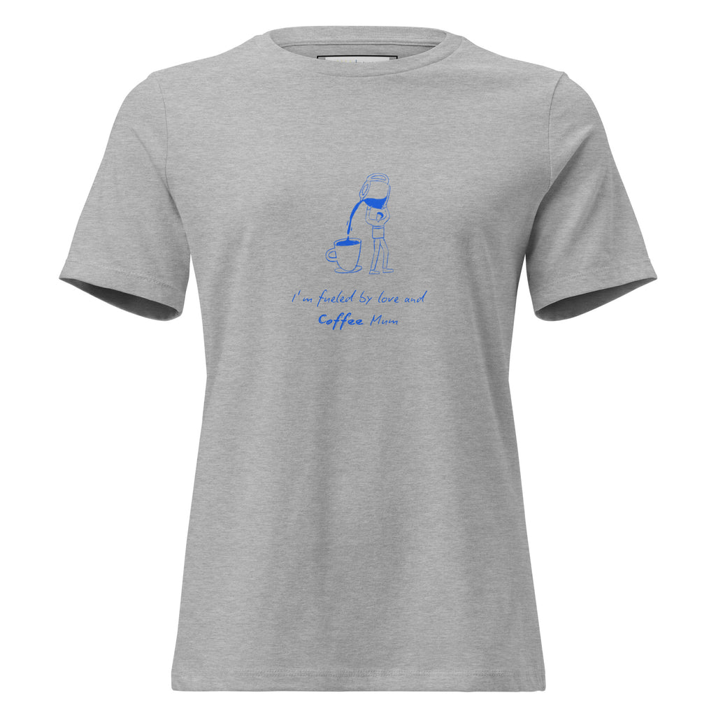 Gray t-shirt with blue graphic and text on a white background
