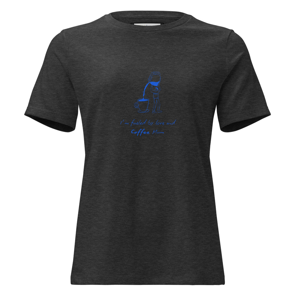 Black t-shirt with blue graphic and text on a white background