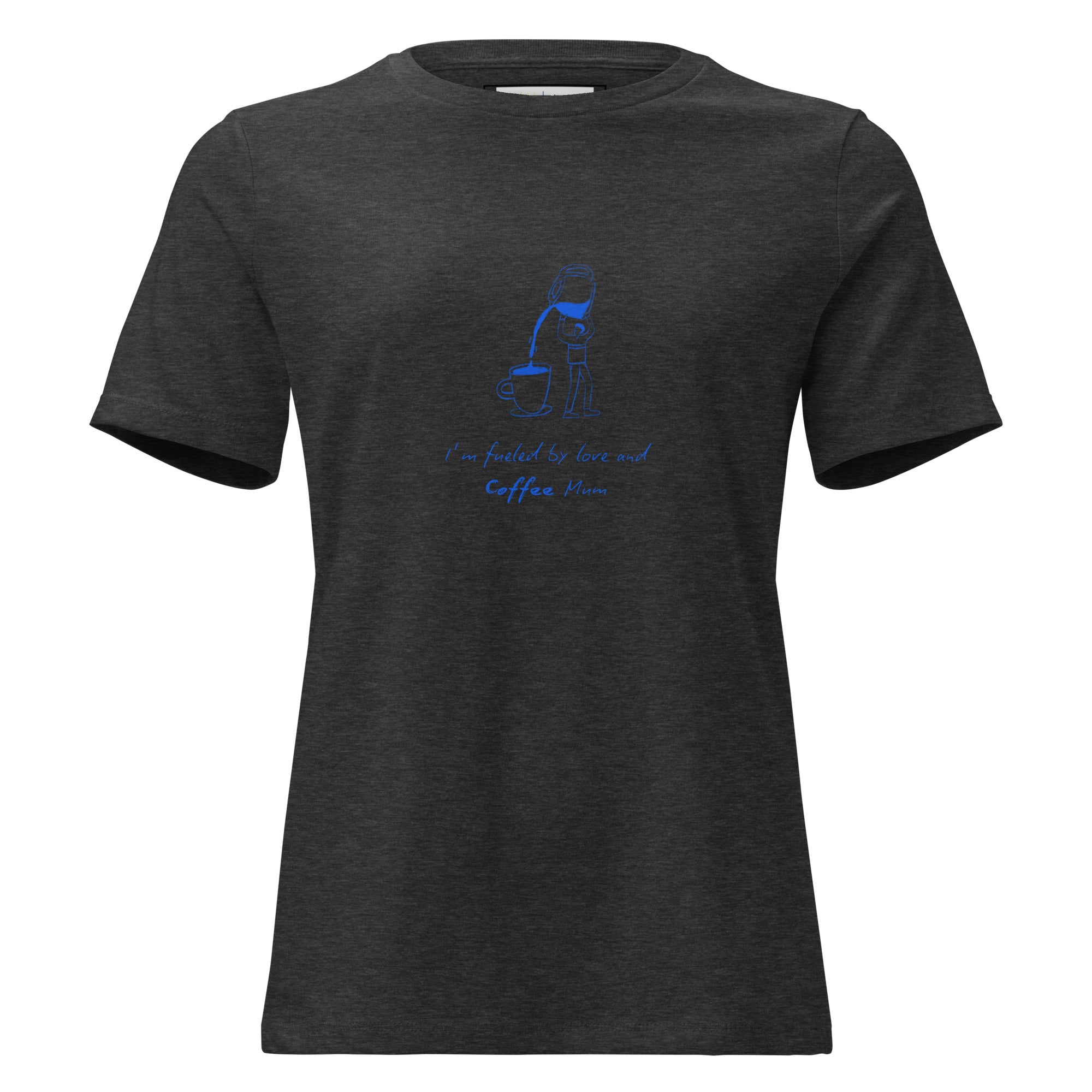 Black t-shirt with blue graphic and text on a white background