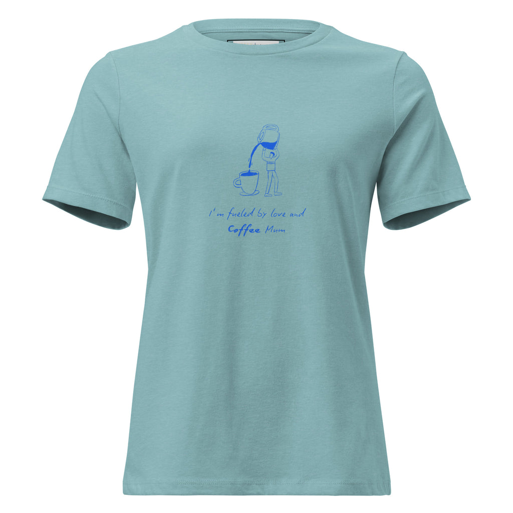 Light blue t-shirt with a graphic and text on a white background