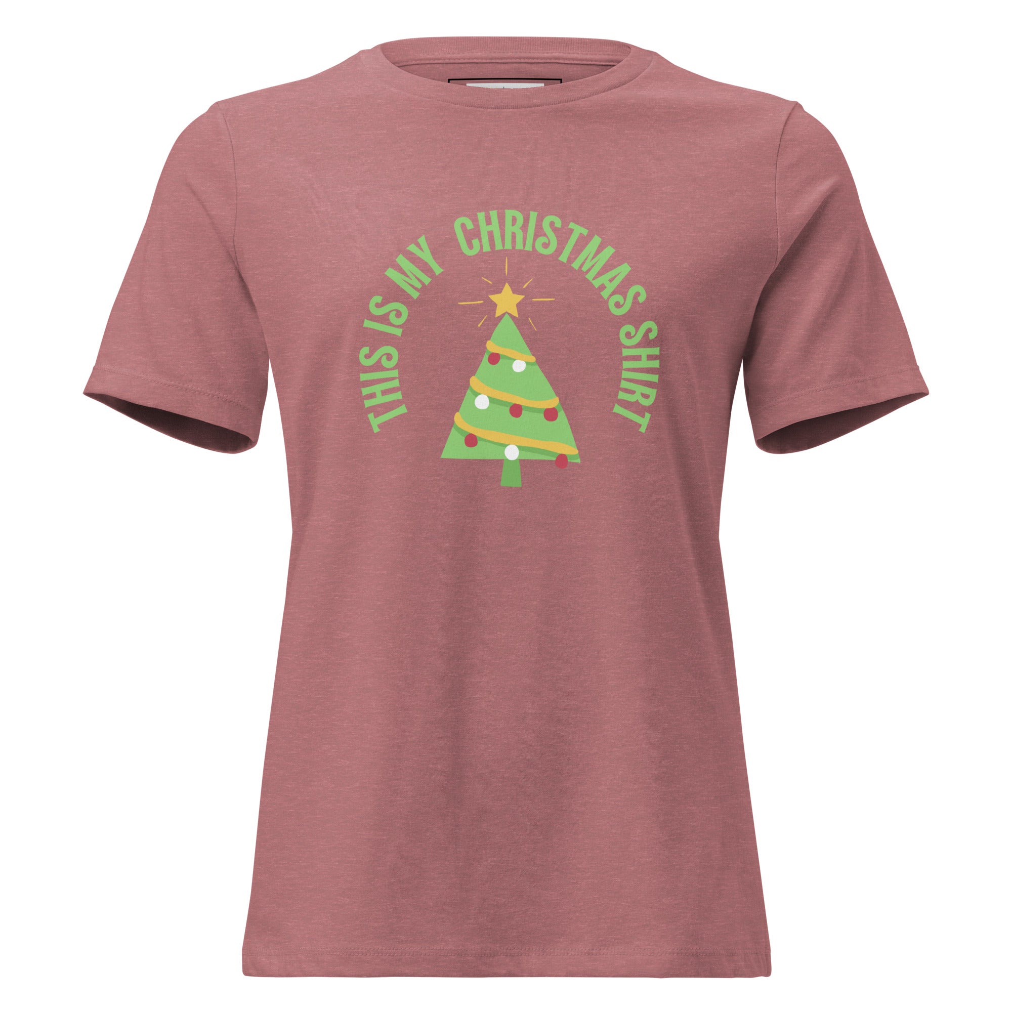 Pink t-shirt with Christmas tree and text design on a white background