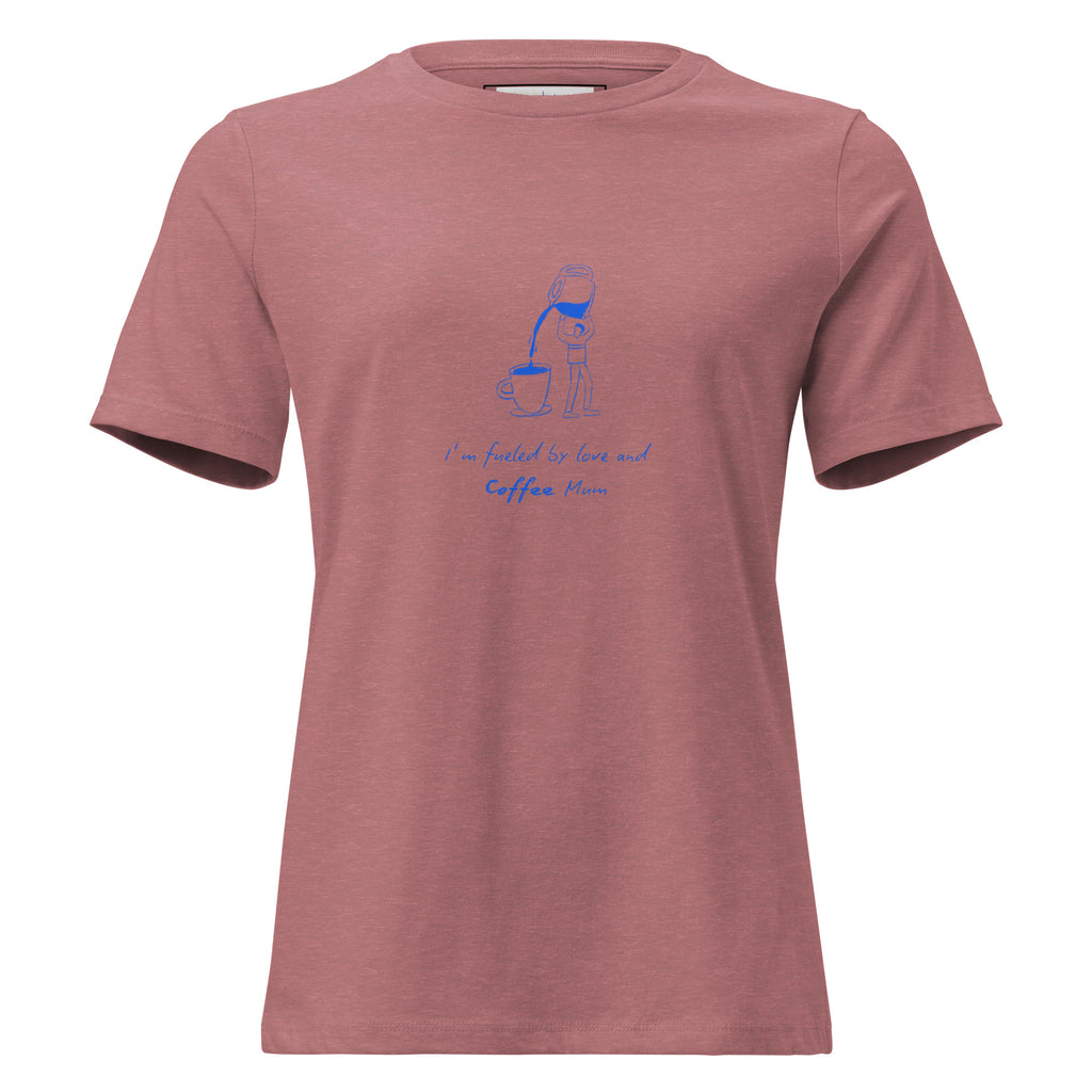 Pink t-shirt with blue graphic and text on a white background