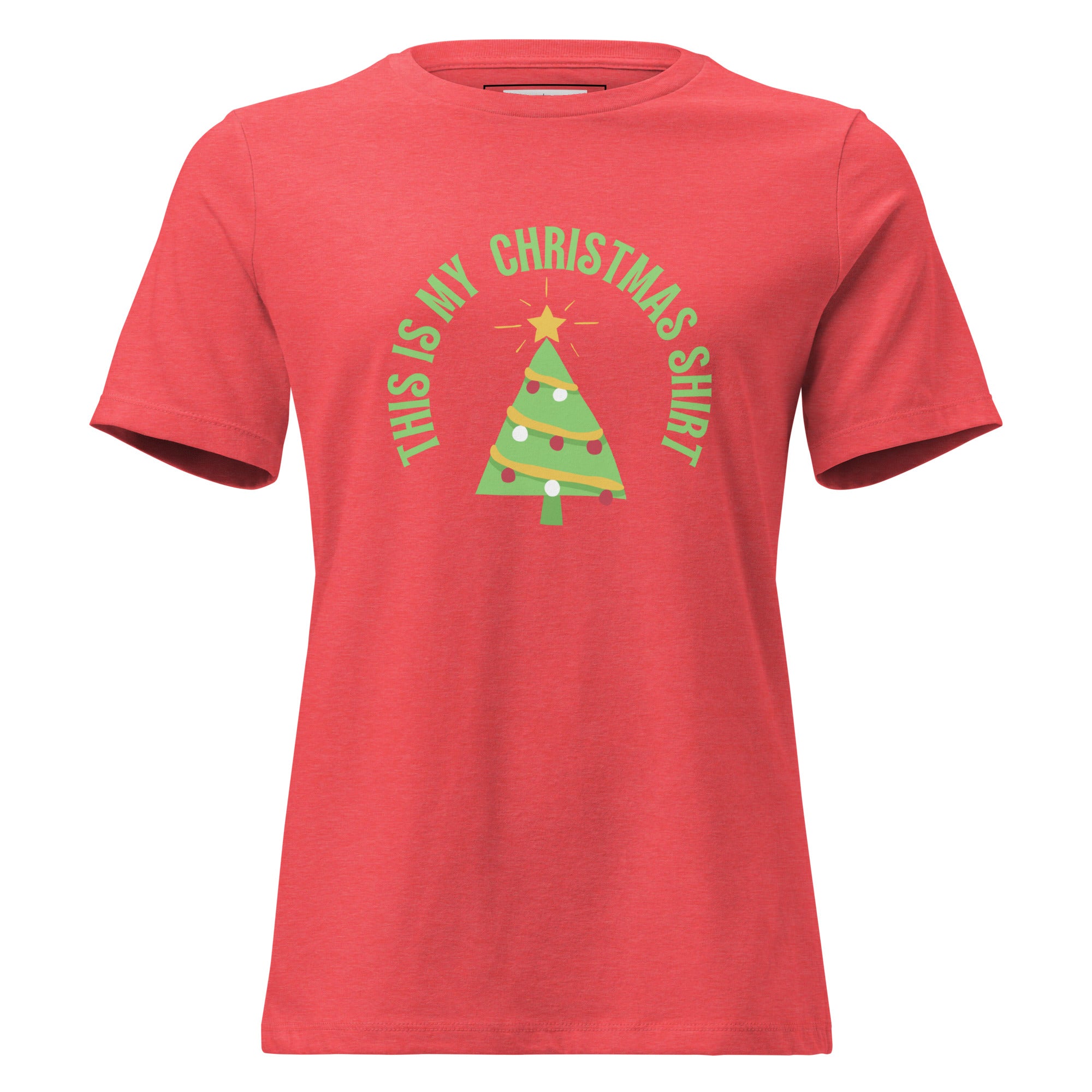 Red t-shirt with Christmas tree design and text on a white background