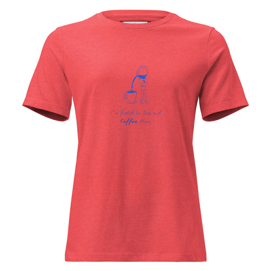 Red t-shirt with blue graphic and text on a white background