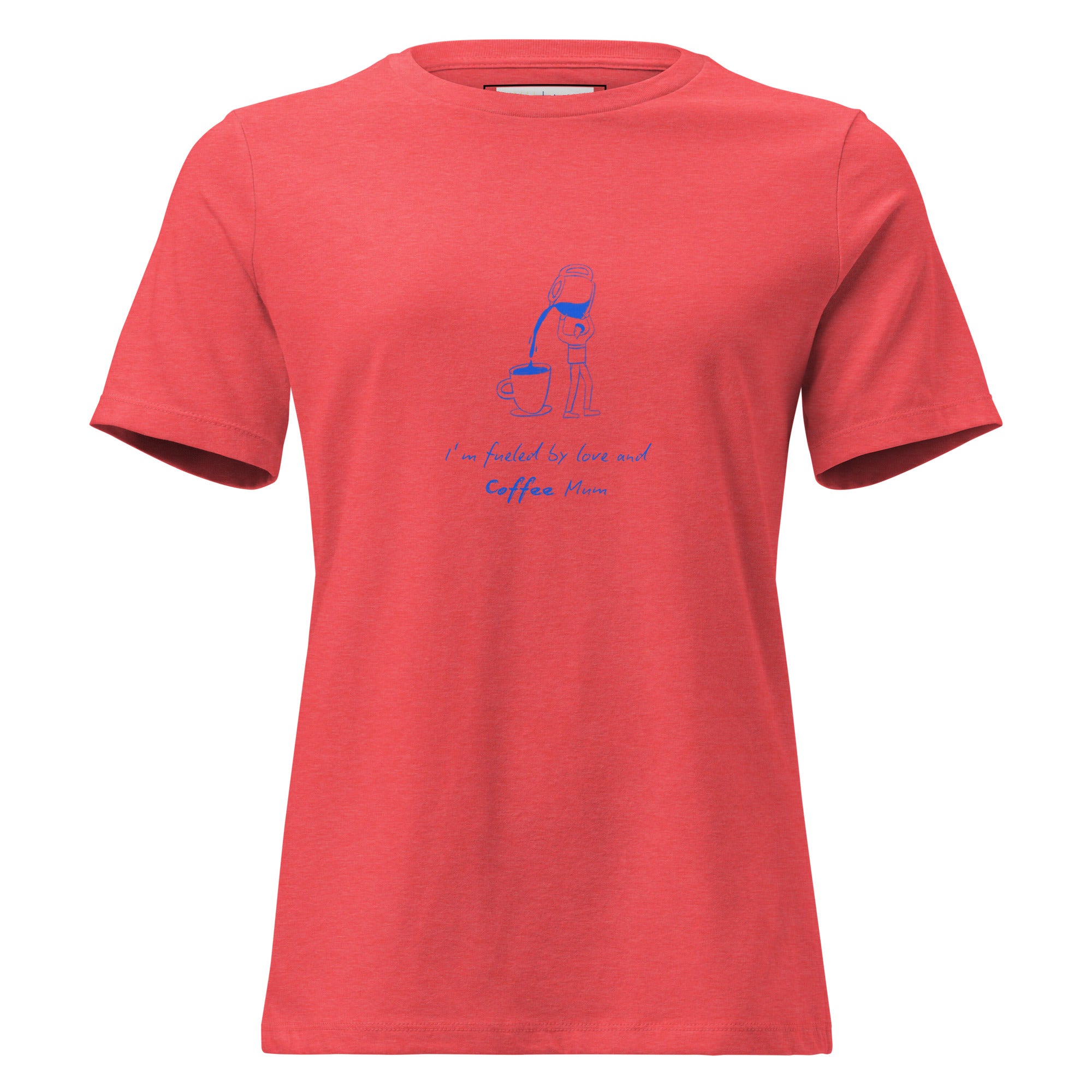 Red t-shirt with blue graphic and text on a white background