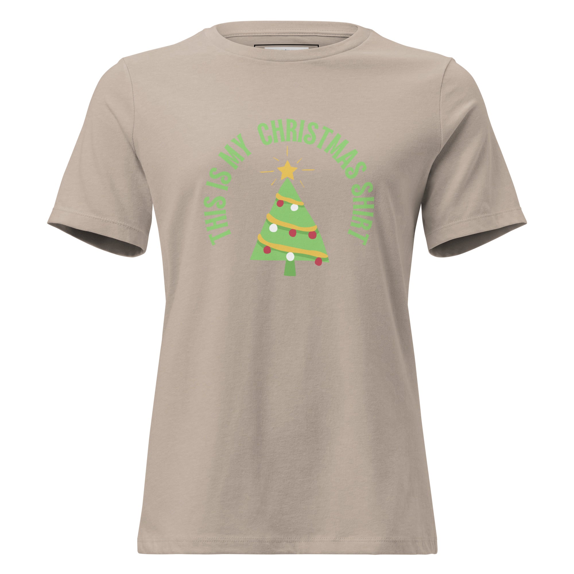 Beige t-shirt with a Christmas tree graphic and text on a white background