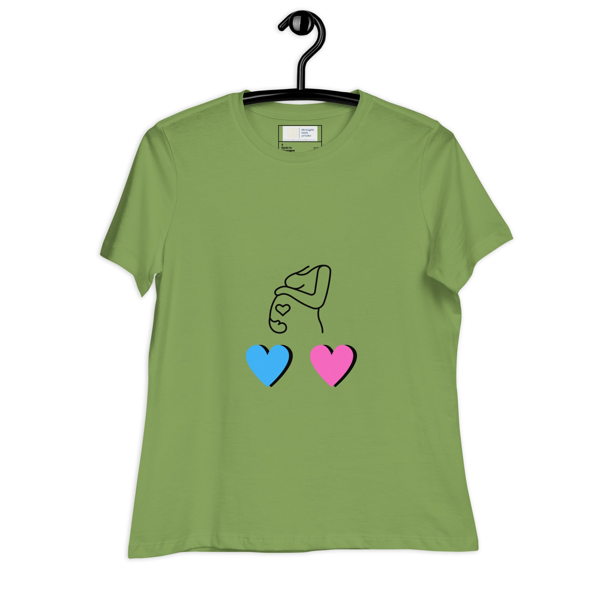 Green t-shirt with a design of a hand holding two hearts, one blue and one pink, on a white background.