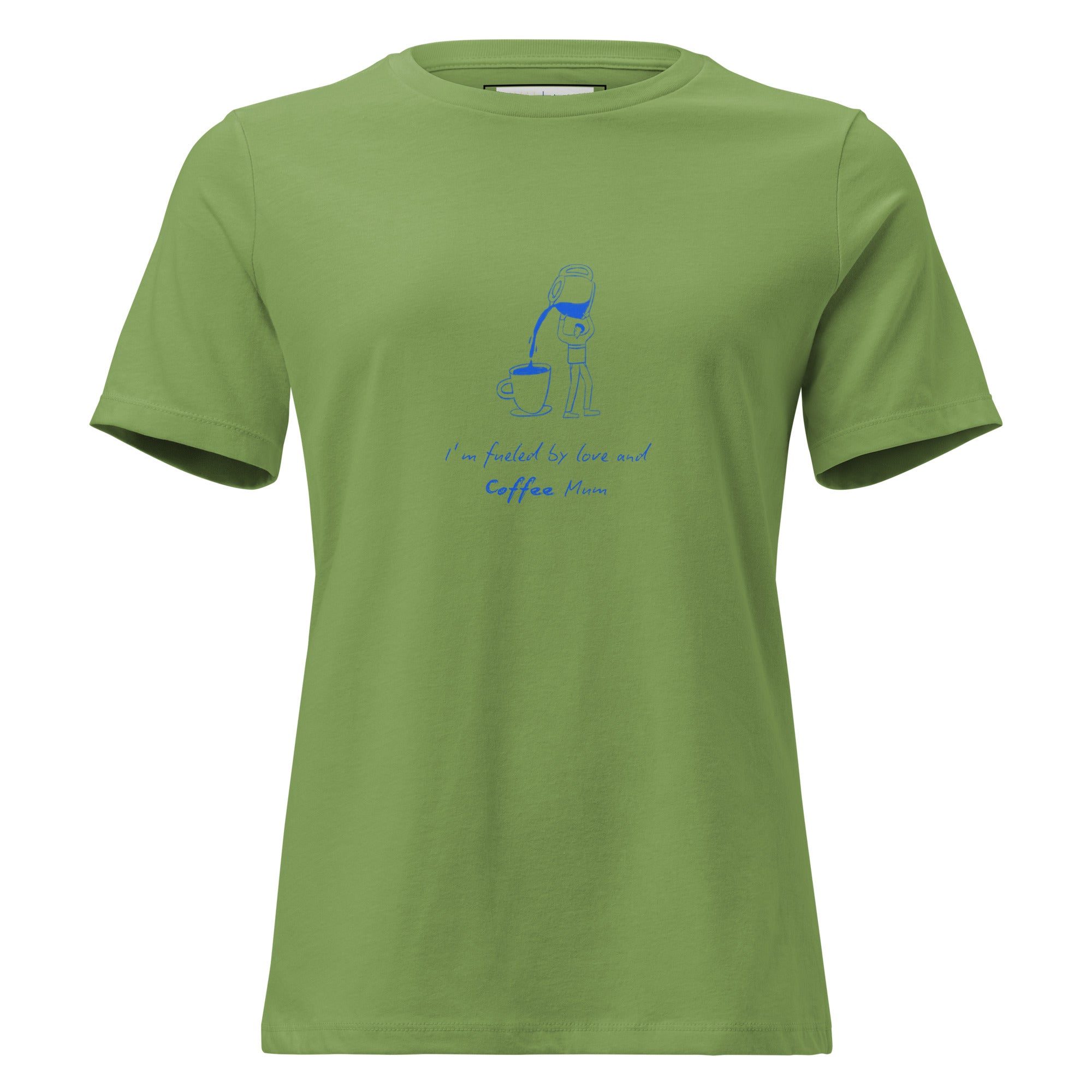 Green t-shirt with blue graphic and text on a white background