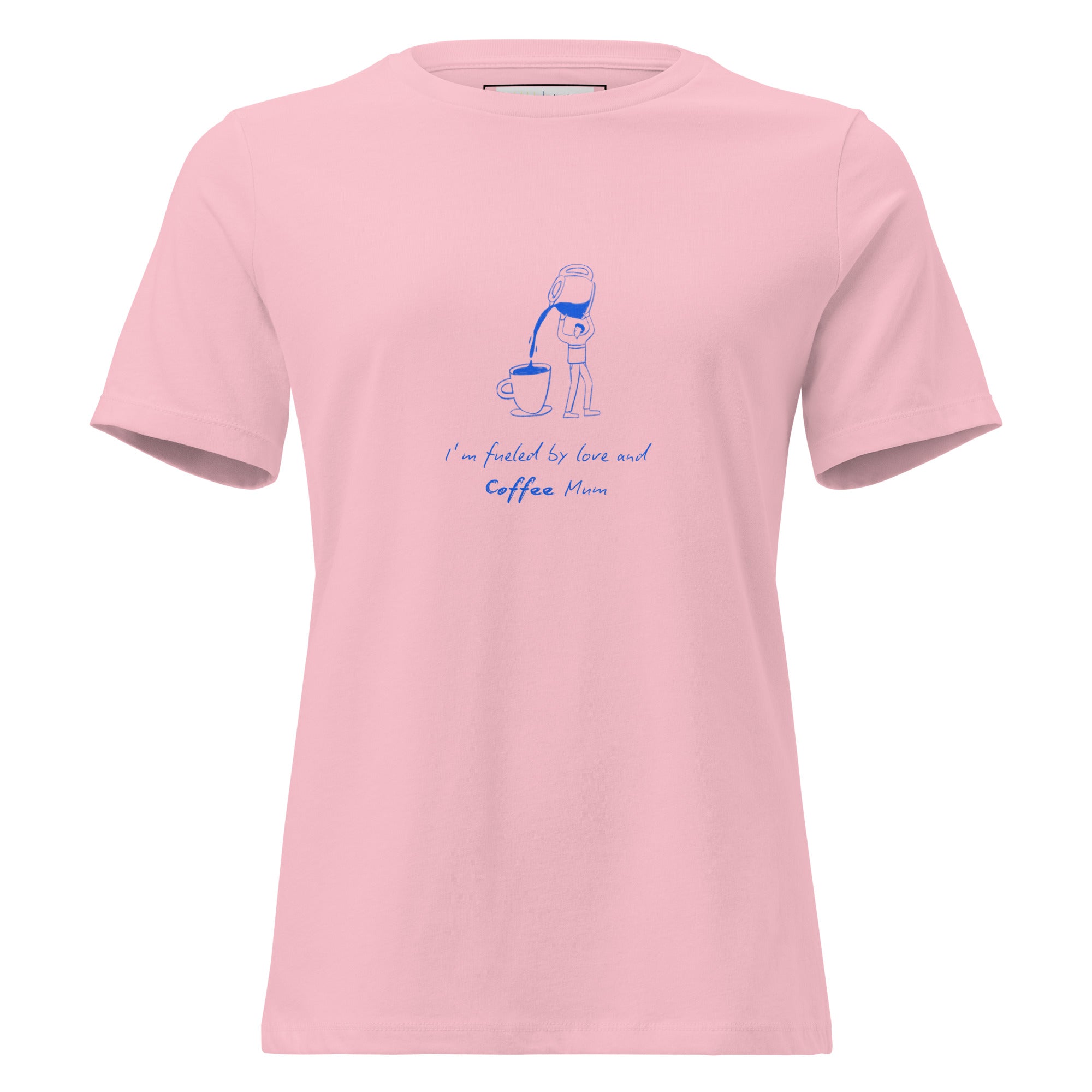 Pink t-shirt with a graphic and text on a white background