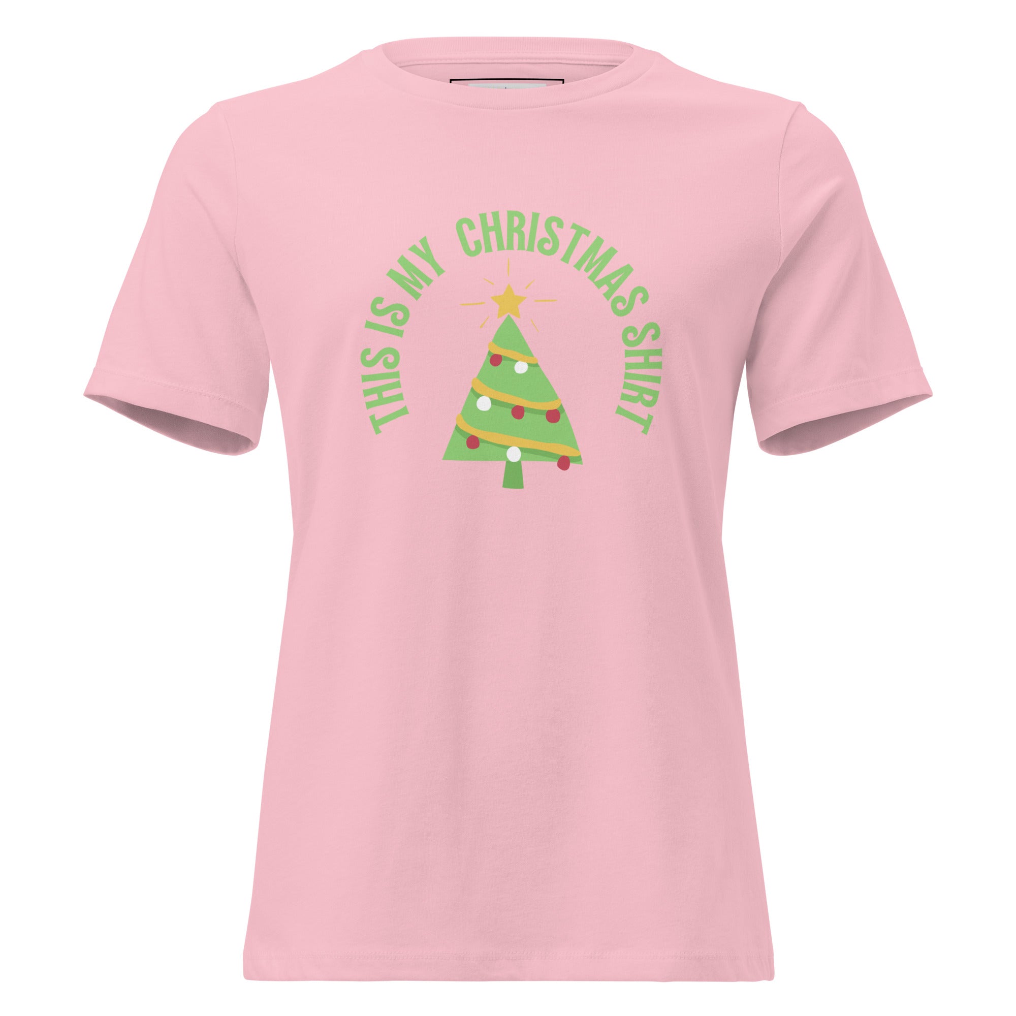 Pink t-shirt with Christmas tree and text design on a white background