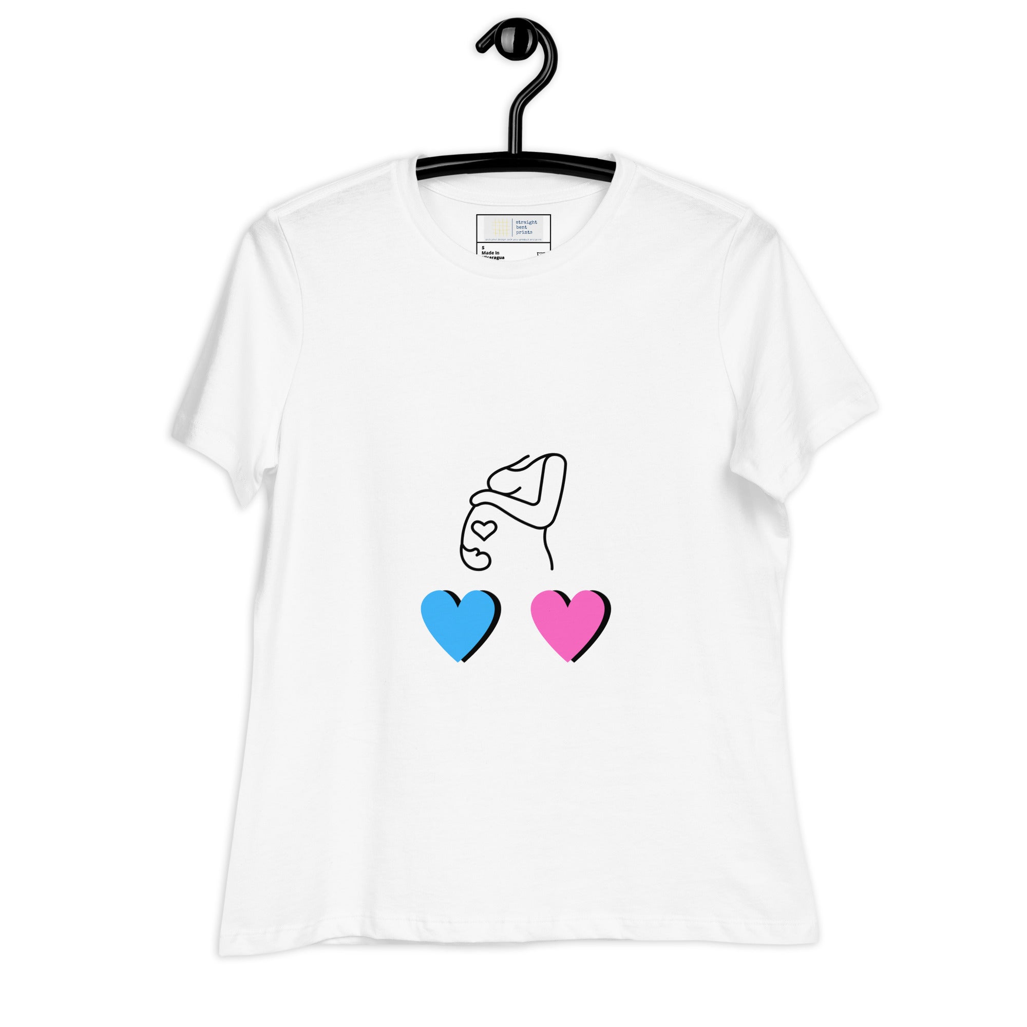 White t-shirt with a design of two hearts, one blue and one pink, held by a line drawing of a hand on a hanger.