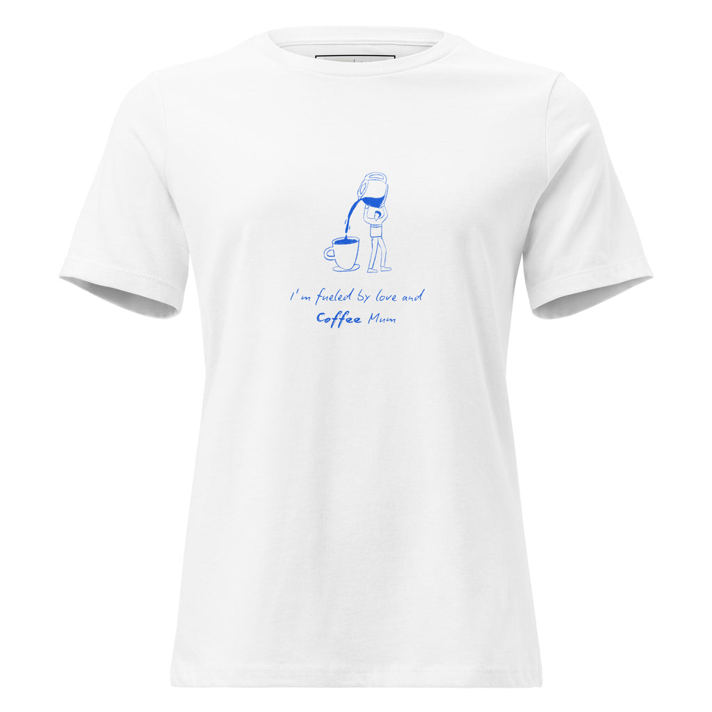 White t-shirt with blue graphic and text on a white background