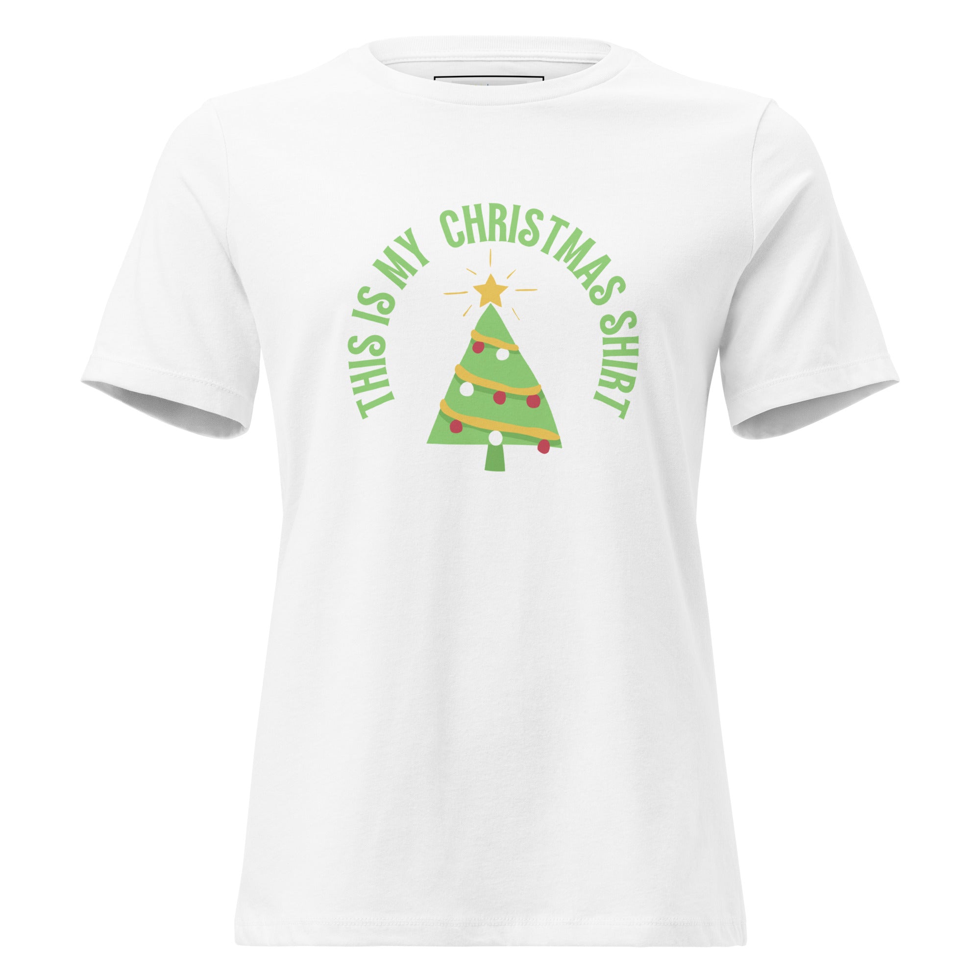 White t-shirt with Christmas tree design and text on a white background