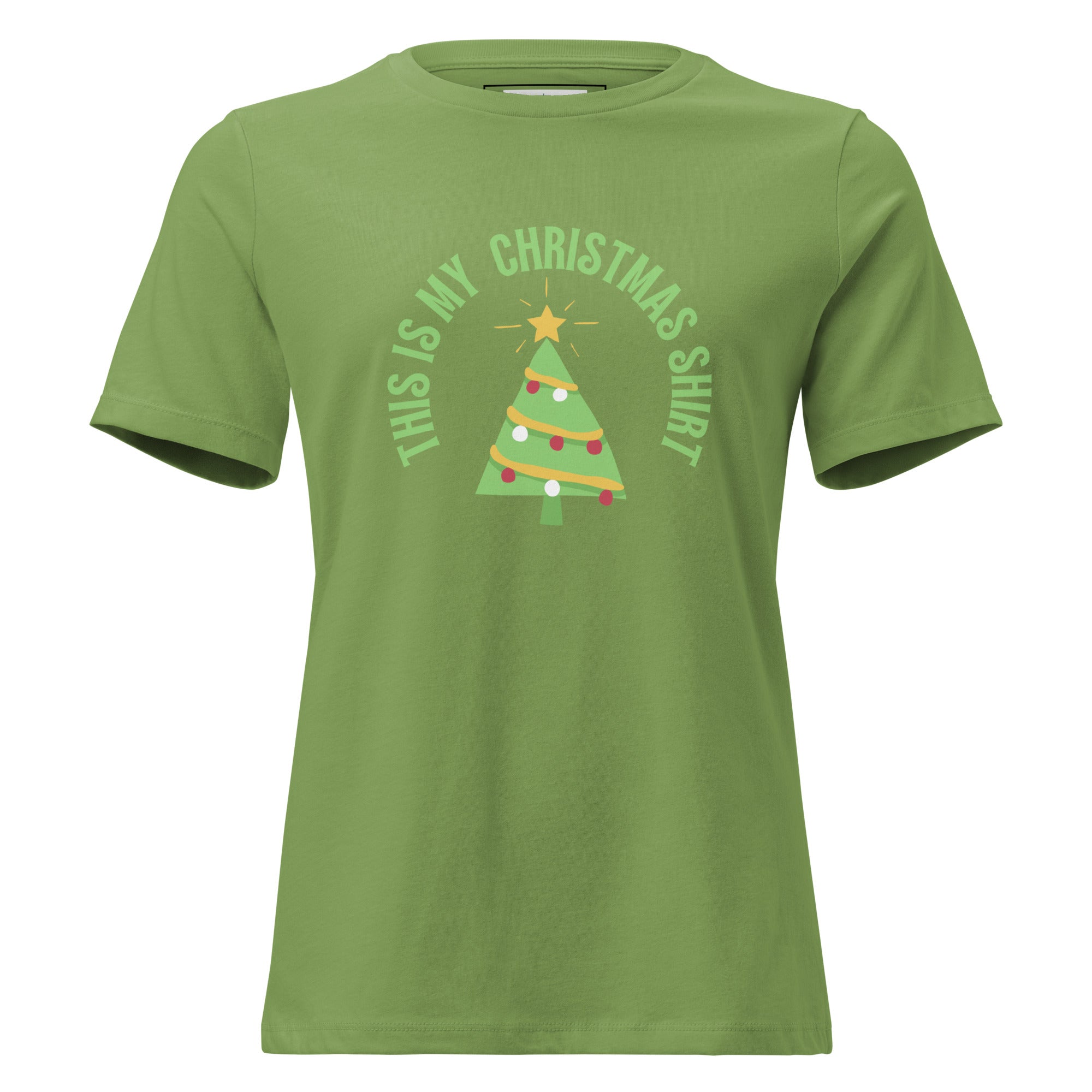 Green t-shirt with Christmas tree design and text on a white background