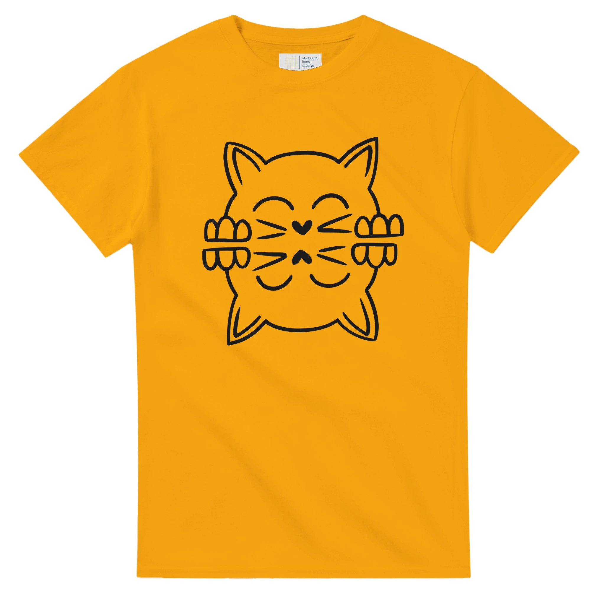Yellow t-shirt with a black cat graphic on a white background