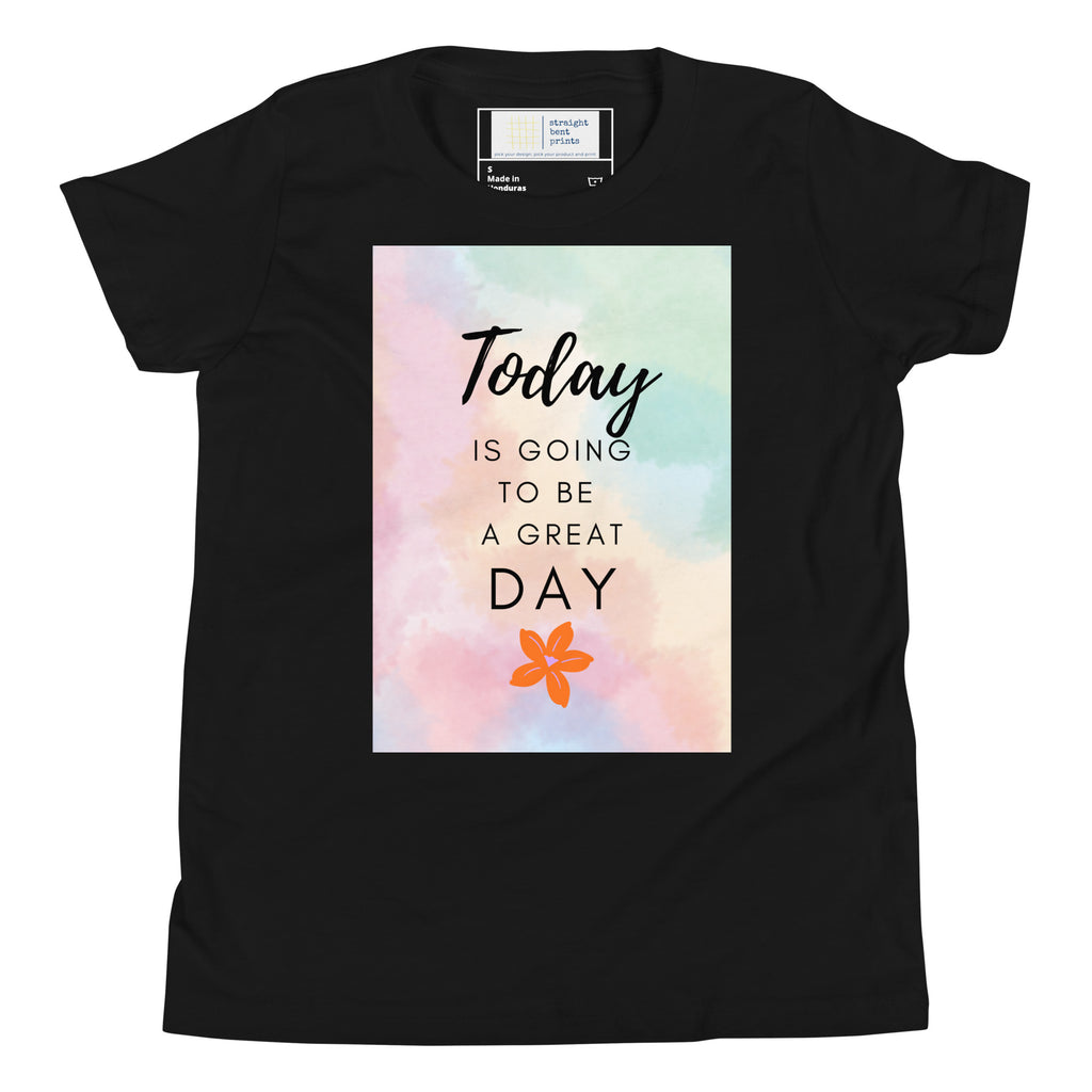 Black t-shirt with motivational quote and flower design on a white background